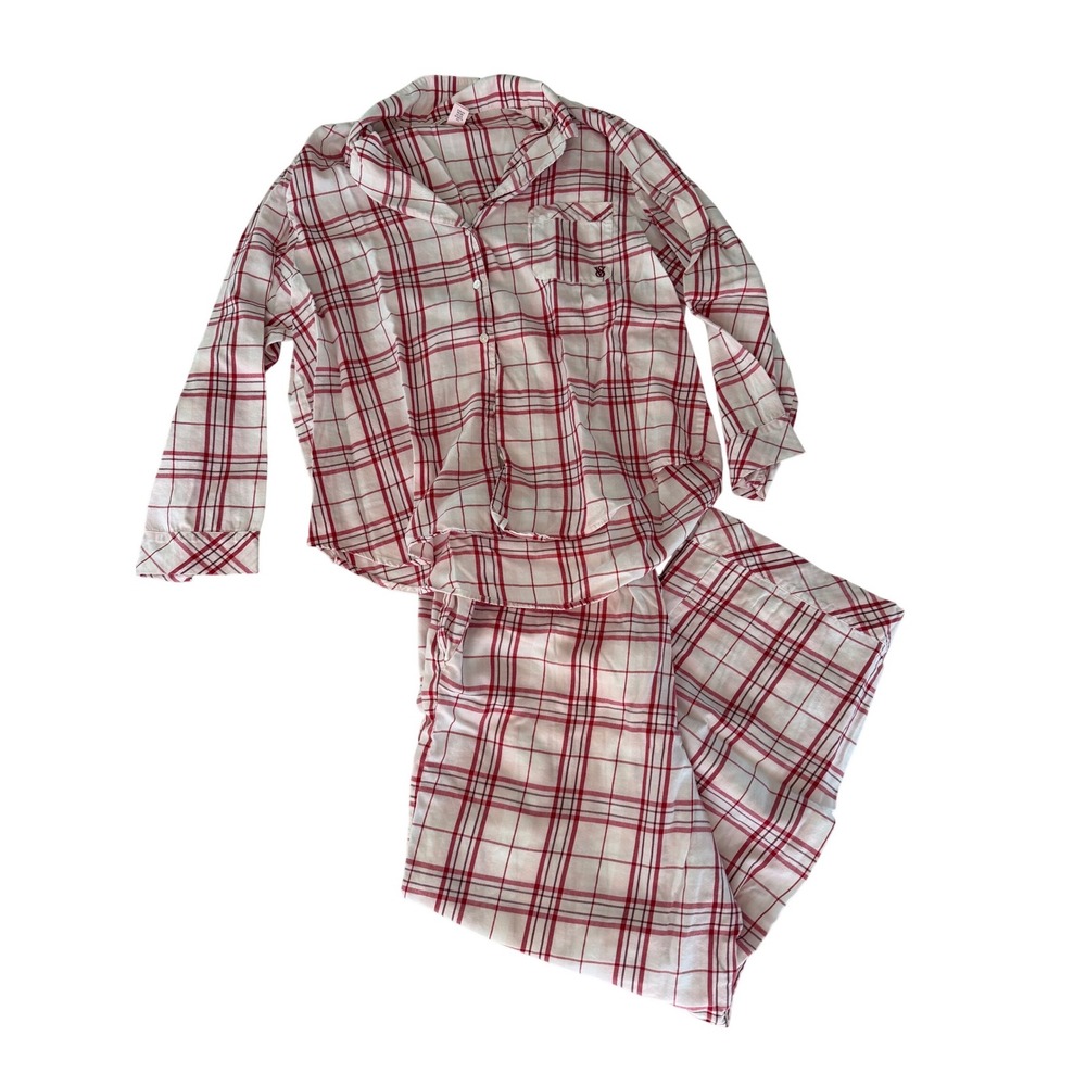 Victoria's Secret Red White Plaid Pajama Set XL Long‎ Sleeve Button Up Pants